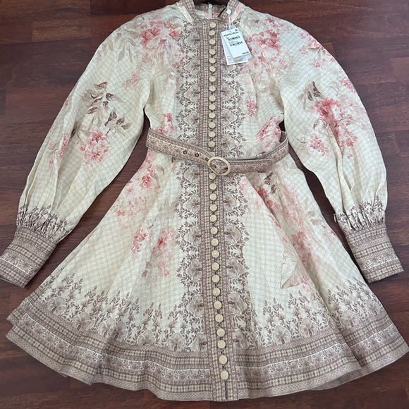 NWT Zimmermann Tropical Flower Long Sleeve Belted Linen Minidress 0 US4 - Picture 14 of 17